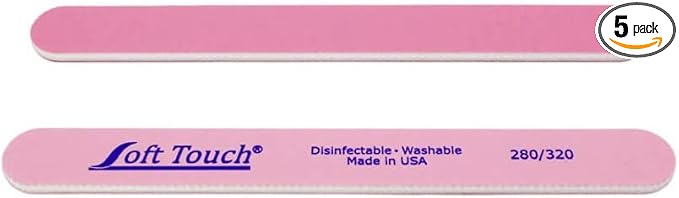 Soft Touch Nail File, Double Sided – 280/320 Grit, Light/Dark Pink, for Natural Nails, 7 Inch - 5 Piece
