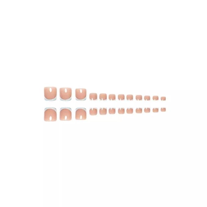 48Pcs Medium Square Press on Nails Blue French Tips Press on Toenails Swirl Fake Nails with Orange Blue Curve Line Design Glossy Skintones Fake Toenails Summer False Nails Kit for Women Girls Manicure