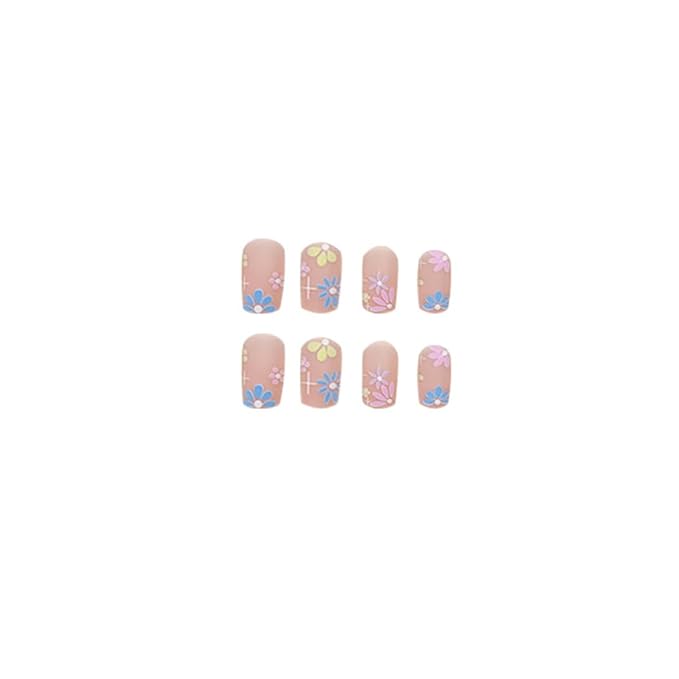 Press on Nails Square Short Pink Fake Nails Short Press ons Nail Tips Artificial Acrylic Kit Full Cover False Nail with Multicolor Flowers Glossy Design Stick on Nails Women 24Pcs