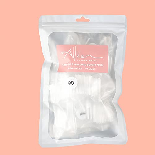 Allkem Soft Gel Nail Tips - XL Square Nail Extensions with Refill Bag - 12 Sizes Extra Long Full Cover Nails - Clear (500 Pieces)