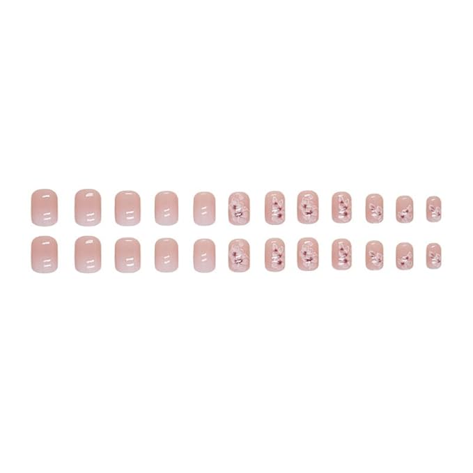 Flower Press on Nails Short Square Fake Nails Ombre Nails Press ons with Design Reusable Artificial Nail Glossy Full Cover Glue on Nail Stick on Nails for Women Manicure 24Pcs