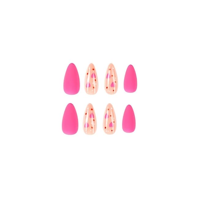 Press on Nails Almond - Medium Fake Nails with Heart Design - Pink, Matte Full Cove Stick on False Nails for Women 24 Pcs