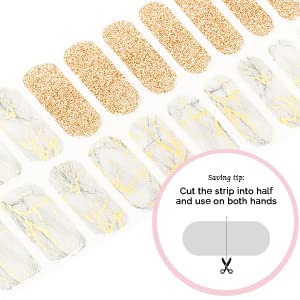 NAILOG Semi Cured Gel Nail Strips (20 Extra Long Polish Stickers/Wraps) │ Glossy & Long Lasting Soft Gel Finishing (White Marble)