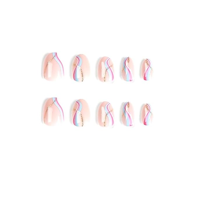 Almond Press on Nails Short Squoval Fake Nails Pink False Nails Press ons with Design Gold Glitter Glue on Nails Acrylic Artificial Stick on Nail for Women Nail Decoration 24Pcs