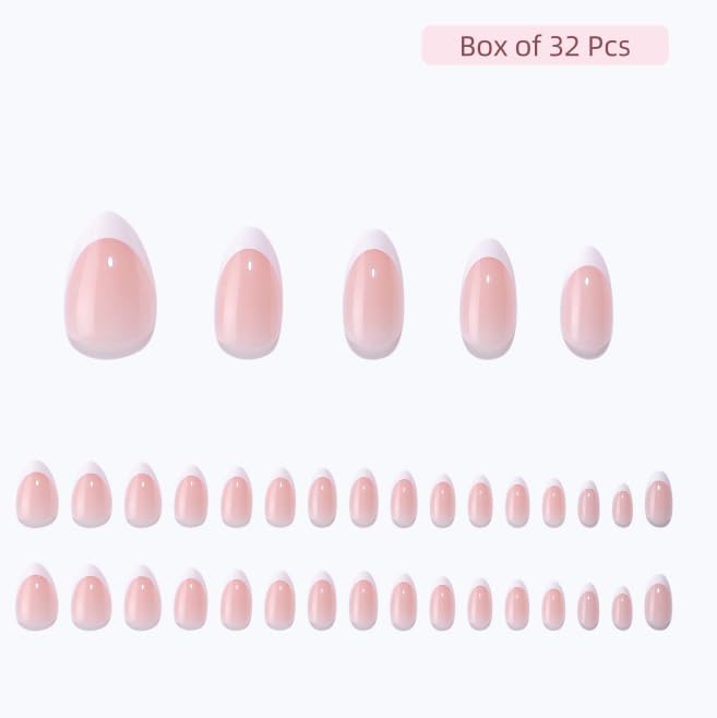 Press On Nails - Paris | White French Tip, Short Almond Nails, Fake Nails Salon Quality | 32 Nails, 16 Sizes Kit with Glue and Adhesive Tabs