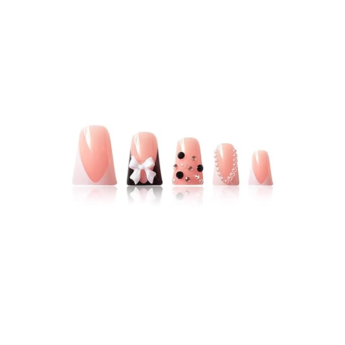 French Tip Nails Press ons Black White Fake Nails Duck False Nails with Design Rhinestone Glue on Nails Bow Stick on Nails Glossy Artificial Acrylic Full Cover Nail for Women Girls Manicure 24Pcs