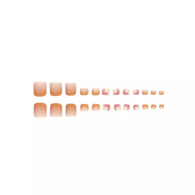 48Pcs Flower Press on Toenails Medium Almond Press on Nails Orange French Tip Fake Nails with Curve Design Glossy Summer False Nails Cute Reusable Daisy Stick on Toenails for Women Girls Manicure