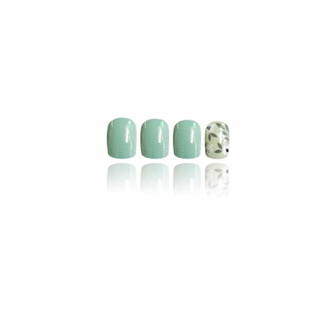 Press on Nails Square Short Fake Nails Press ons Nail Tips Artificial Acrylic Kit Full Cover False Nails with White Jasmine Glossy Simple Designs Stick on Nails for Women 24Pcs