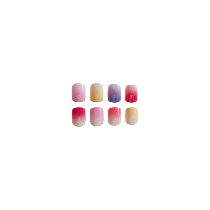 Press on Nails Square Short Fake Nails Short Press ons Nail Tips Artificial Acrylic Kit Full Cover False Nail with Multicolor Gradient Glossy Designs Stick on Nails for Women 24Pcs