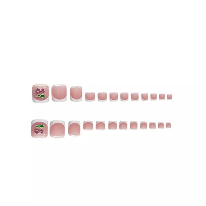 48Pcs White French Tips Press on Nails 3D Cherry Press on Toenails Medium Square Stick on Nails with Flower Charm Design Glossy Glitter Fake Nails Cute Summer False Toenails for Women DIY Manicure