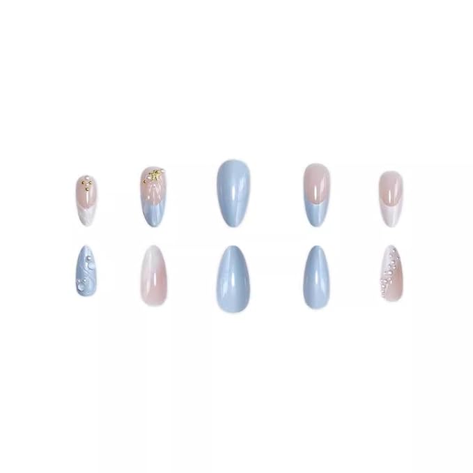 Press on Nails - Medium Almond False Nails - Gold Star Seashell Design White Pearl Fake Nails White French Tips Stick on Nail - Reusable Glossy Glue on Nail for Women Manicure 24Pcs