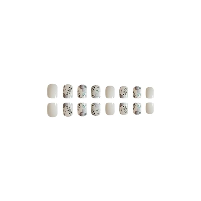 Press on Nails Square Short Fake Nails Press ons Artificial Acrylic Nail Tips Kit Full Cover False Nail with Flowers Leaves Glossy Designs Stick on Nails for Women 24Pcs