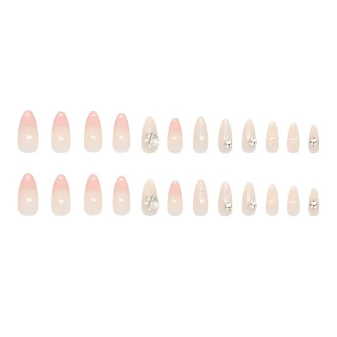Press-On Nails for Women, 24 Pieces Fake Nails, Almond Shape with Jelly Glue,Pink French Style with Crystal Rhinestones and Glitter,Perfect for Gift or Parties