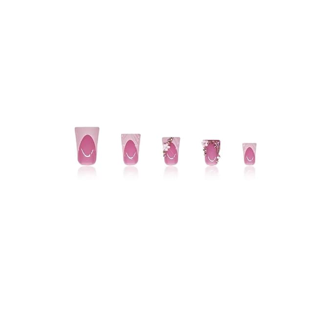 French Tip Press on Nails White Fake Nails Short Nail with Rhinestone Design Flower Glue on Nails Glossy Reusable Artificial Acrylic Full Cover False Nail Duck Stick on Nails for Women Manicure 24Pcs