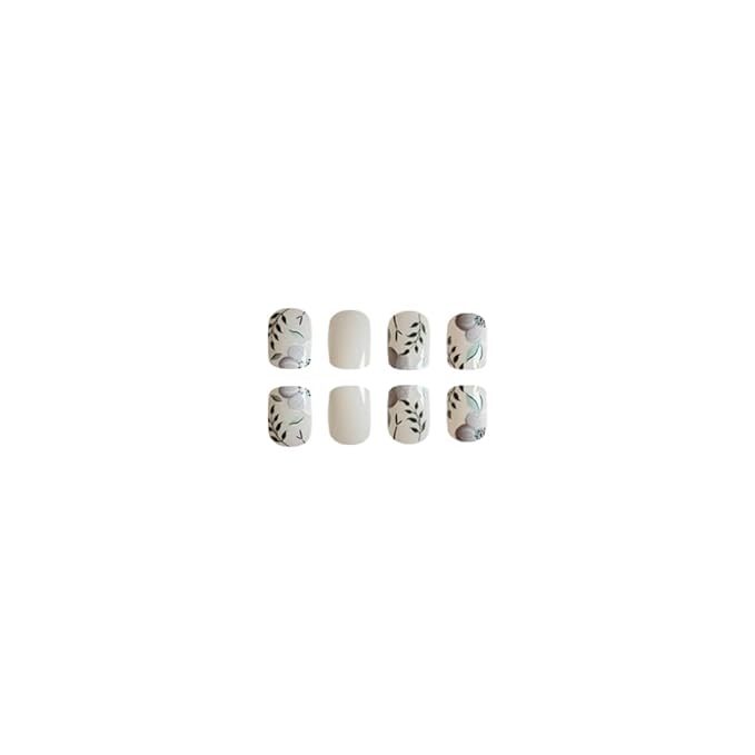 Press on Nails Square Short Fake Nails Press ons Artificial Acrylic Nail Tips Kit Full Cover False Nail with Flowers Leaves Glossy Designs Stick on Nails for Women 24Pcs