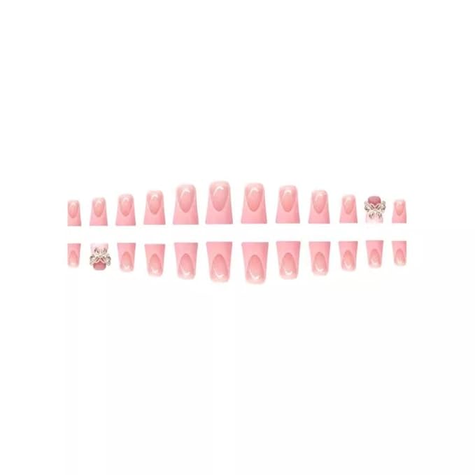48Pcs Pink French Tips Press on Toenails Short Duck Press on Nails with Rhinestones Butterfly Charm Design Glossy Glitter Fake Toenails Full Cover Nails Summer False Nails for Women Girls Manicure