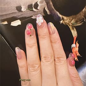 10Pcs Short Oval Handmade Press On Nails | Iridescent Pink with 3D Strawberry & Floral Decor | Easy to Apply, Remove & Reusable, Salon-Quality (A008, M)
