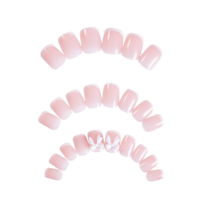Press on Nails Pink Glossy 3D Flower French Fake Nails French Fake Reusable Nail Kit with Nail Glue Adhesive Tabs Mini Nail File for Women Manicure Art Decoration 24PCS