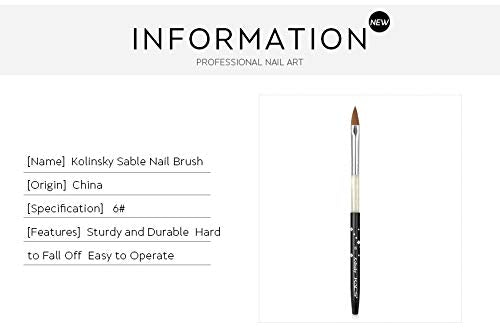 Size 6# Black 100% Kolinsky Sable Acrylic Nail Art Brushes UV Gel Nail Painting Pen Brushes (Size 6)