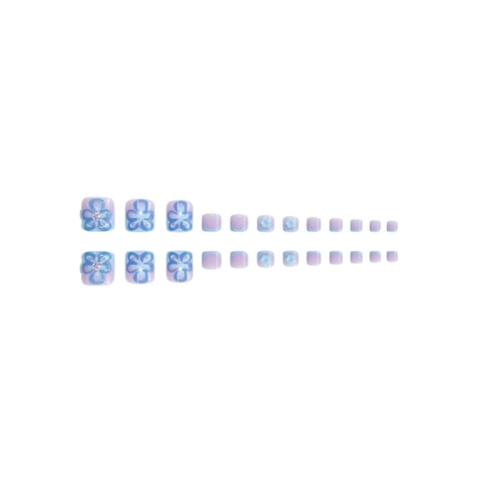 Blue French Tips Press on Nails Flower Press on Toenails Short Square Fake Nails with Pearl Flower Charm Design Floral False Toenails Glossy Reusable Summer False Nails for Women Girls Manicure 48Pcs