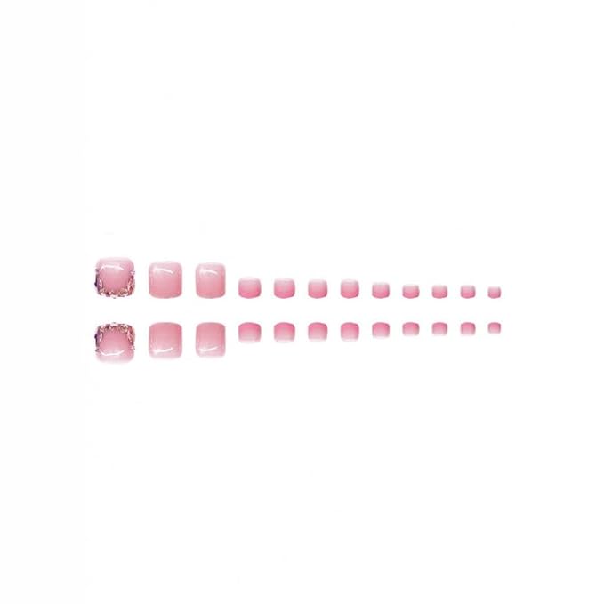 48Pcs Pink French Tips Press on Toenails Rhinestone Press on Nails Short Square Fake Nails with Designs Nude Pink Fake Toenails Glossy Reusable Gem Summer False Nails for Women Girls Manicure