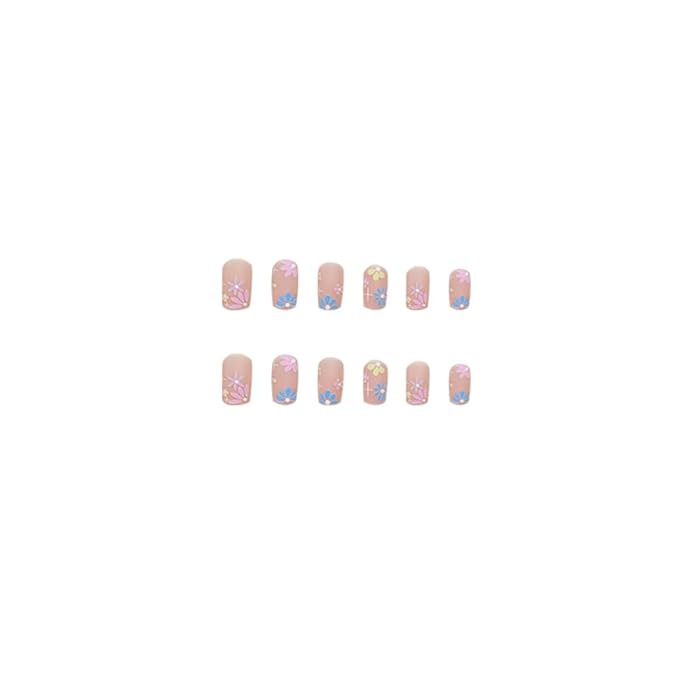 Press on Nails Square Short Pink Fake Nails Short Press ons Nail Tips Artificial Acrylic Kit Full Cover False Nail with Multicolor Flowers Glossy Design Stick on Nails Women 24Pcs