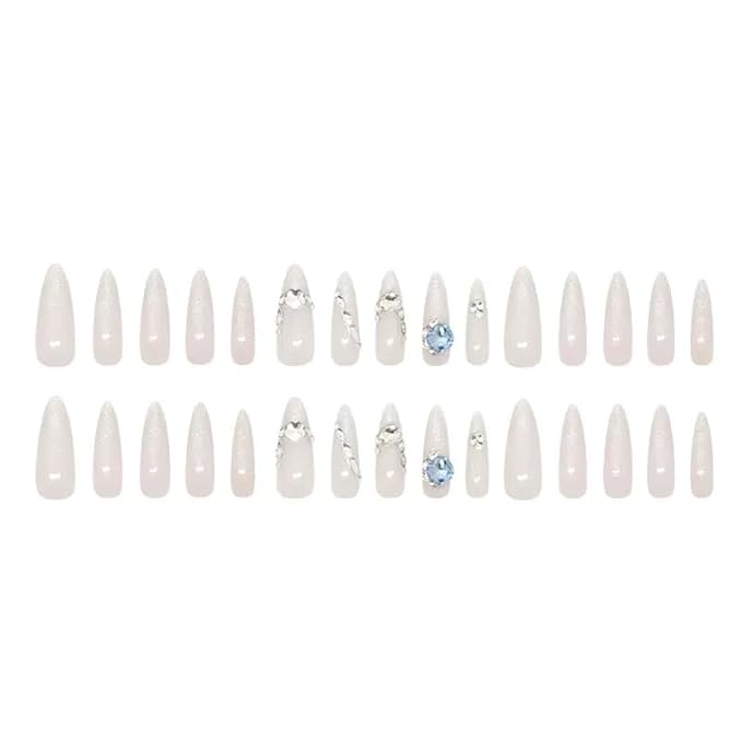 24Pcs Nude Cat Eye Press On Nails, Long AlmondFake Nails with Blue Rhinestones,Glossy Cat Eye Finish, Reusable Stick On Nails with Jelly Glue for Party & Gifts