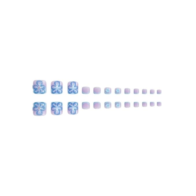 48Pcs Blue French Tips Press on Nails 3D Flower Press on Toenails Short Square Fake Nails with Flower Charm Design Floral False Toenails Glossy Reusable Summer False Nails for Women Girls Manicure