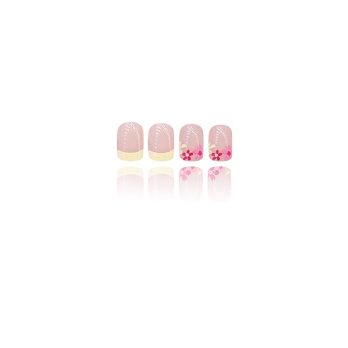 Press on Nails Square Short Fake Nails Press ons Yellow French Nail Tips Artificial Acrylic Kit Full Cover False Nails with Flowers Glossy Design Stick on Nails for Women 24Pcs