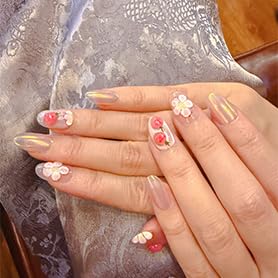 10Pcs Short Oval Handmade Press On Nails | Iridescent Pink with 3D Strawberry & Floral Decor | Easy to Apply, Remove & Reusable, Salon-Quality (A008, S)