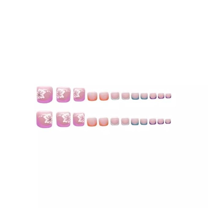 48Pcs Colorful French Tips Press on Toenails White Flower Press on Nails Long Square False Nails with Butterfly Charm Design Pearl Fake Toenails Glossy Summer Fake Nails for Women Girls DIY Manicure