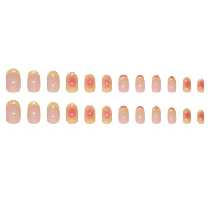 24Pcs Almond Press on Nails Flower Summer Fake Nails with 3D Floral Designs French Tip Pink Acrylic False Nail Cute Glue on Nails Medium Almond Nail Press ons for Women Girls