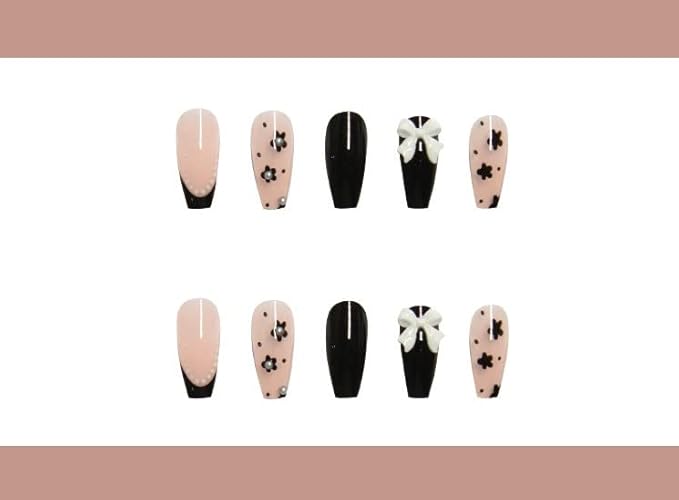 designer artifical nails extension light pink & black combo with silver pearls 3D bow fake nails design 24 pieces set with glue sheet convinent than manicure