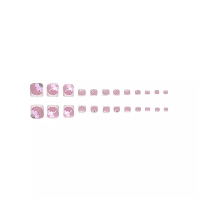 48Pcs Ombre Blue Press on Nails White French Tips Press on Toenails Long Square Fake Nails with Flower Charm Design Butterfly False Toenails Kit Glossy Summer False Nails for Women Girls DIY Manicure