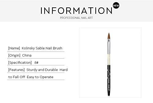Size 8# Black 100% Kolinsky Sable Acrylic Nail Art Brushes UV Gel Nail Painting Pen Brushes (Size 8)
