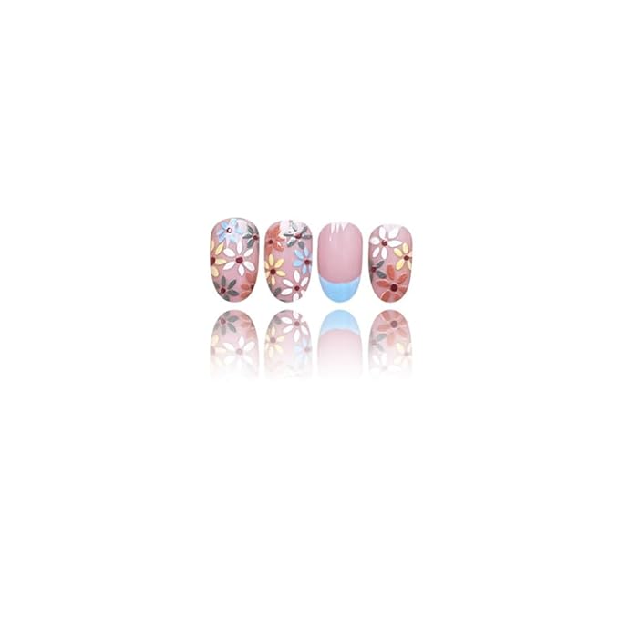 Blue French Tip Press on Nails Medium - Almond Fake Nails Spring Floral Nails Press ons - Cute Colorful Flower False Nails Summer Full Cover Glue on Nails Reusable Nails for Women 24Pcs