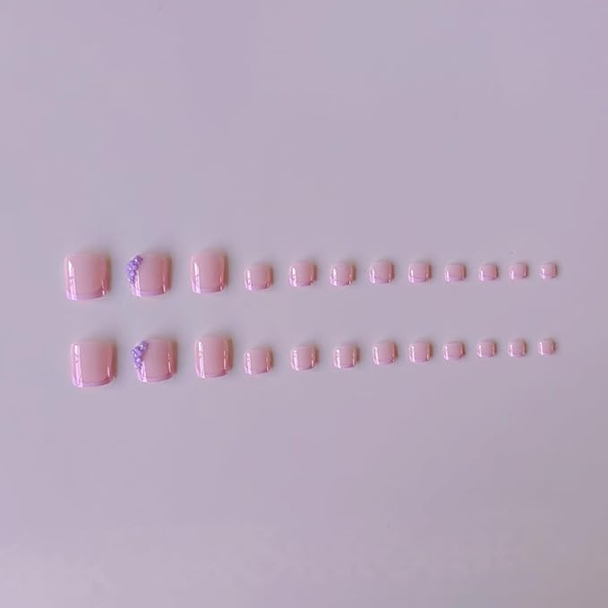48Pcs Purple French Tip Press on Toenails Press on Nails Long Square Fake Nails with Design 3D Flower Glue on Nails Lilac False Nails Glossy Reusable Summer Nails Toenails for Women Manicure
