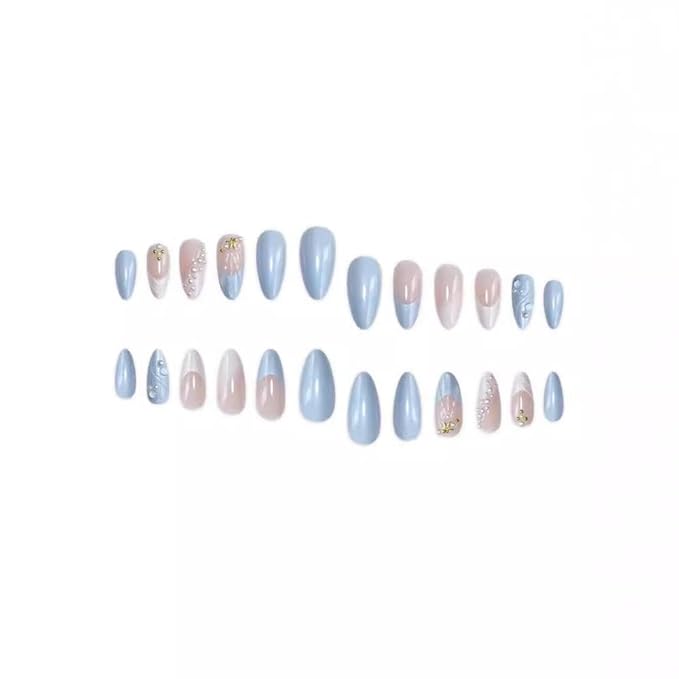 Press on Nails - Medium Almond False Nails - Gold Star Seashell Design White Pearl Fake Nails White French Tips Stick on Nail - Reusable Glossy Glue on Nail for Women Manicure 24Pcs