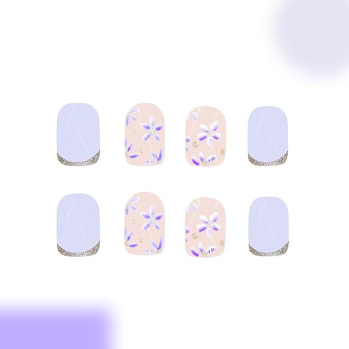 Generic Short Press on Nails Mummer Square Acrylic Nails Purple Flower Designs Cute French Tip Artificial False Nails Press ons Reusable Stick on Nails Summer Glue on Nails 24Pcs