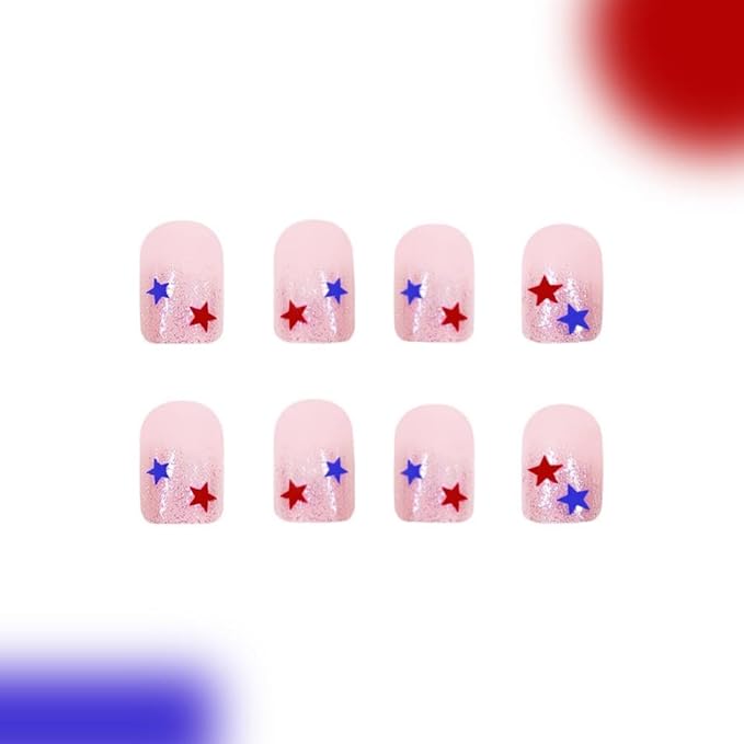 Independence Day Press on Nails Short Square Fake Nails with Red Blue Star Designs Glitter French Tip False Nails Pink Glue on Nail Reusable 4th of July Acrylic Nail for Women Girls Manicure 24Pcs
