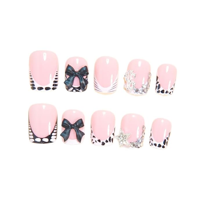 Short Press on Nails - Square Fake Nails with Bow Star Charms Design - French Tip False Nails Stick on - for Women 24 Pcs