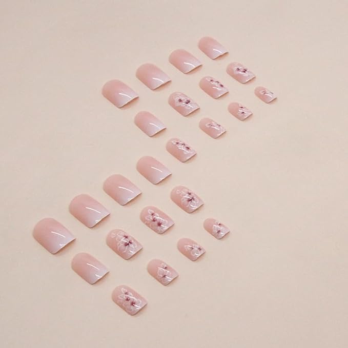 Flower Press on Nails Short Square Fake Nails Ombre Nails Press ons with Design Reusable Artificial Nail Glossy Full Cover Glue on Nail Stick on Nails for Women Manicure 24Pcs