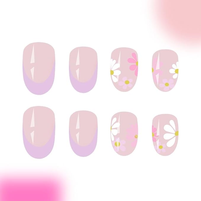Short Press on Nails Almond Fake Nails with Colorful Flower Design Cute Stick on False Nails for Women Spring Manicure 24Pcs