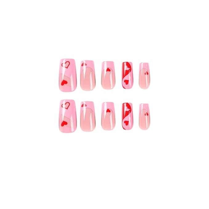 Coffin Press-on False Nails Medium Heart Pink French Tip Glossy Acrylic Nails 24 Pcs