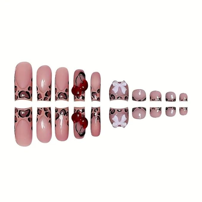 48Pcs Square Press on Nails Medium & Press on Toenails Set, Leopard Print French Tip Press on Nails Pink Fake Nails 3D Bow Press on Toe Nails for Women Manicure Kit