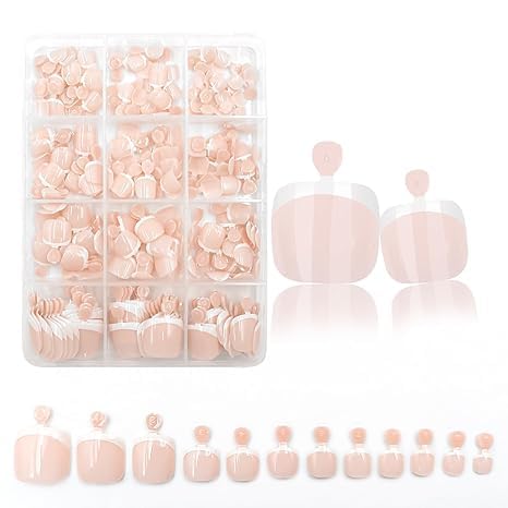 240Pcs White French Tips Press on Toenails Short Square Fake Toe Nails with Glue Tabs, Nude Acrylic Stick on Artificial Toe Nails Press ons for Women Manicure 12 Packs