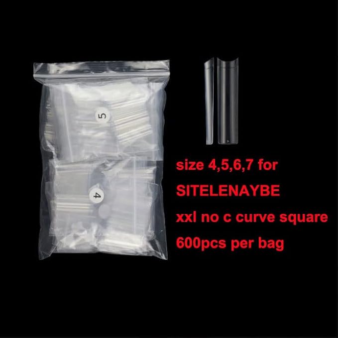 No C curve XXL Square Nail tips size 4,5,6,7, 600pcs per bag Clear Acrylic Nails Square Shape Nail Tips SITELENABY Flattened Half Cover False Nails for Salon&Home DIY French ABS Nail Art Tips
