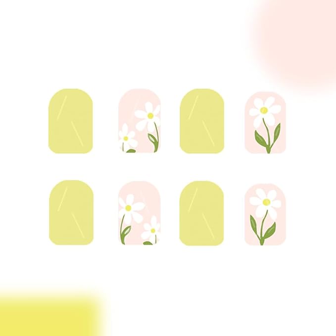 24Pcs Short Press on Nails Square Shaped Fake Nails Yellow Flower False Nails for Women Cute Glossy Stick on Nail Reusable Artificial Acrylic Nail Summer Glue on Nails Manicure Kit