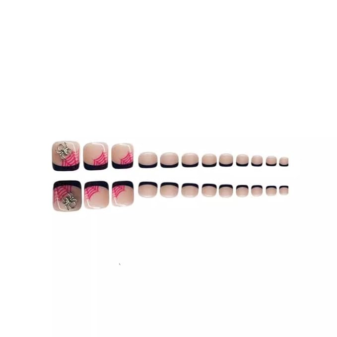 Halloween Press on Toenails Ombre Pink Press on Nails Long Square Fake Nails with Spider Charms Design Black French Tip Fake Toenails Pumpkin Ghost False Nails for Women Girls DIY Manicure 48Pcs