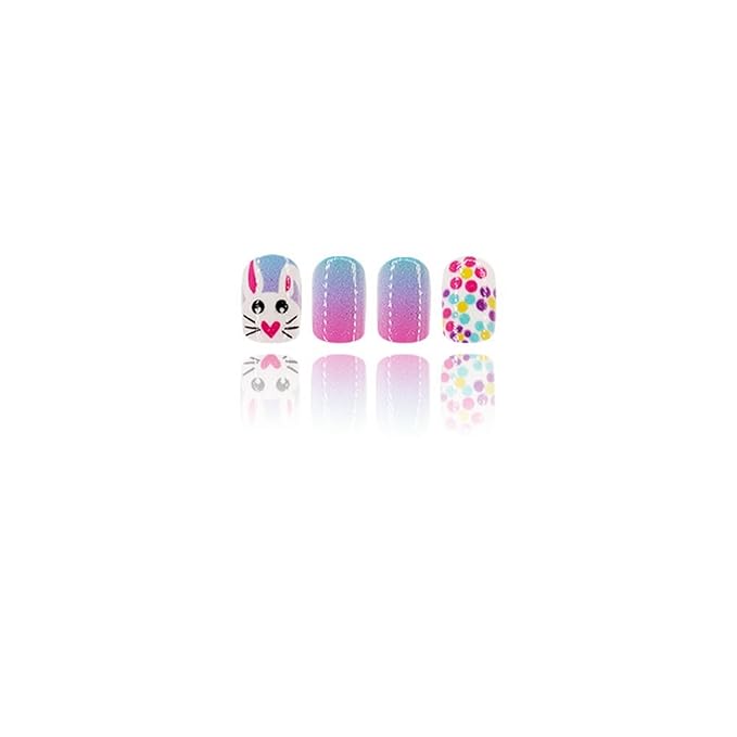 24 Pcs Easter Glitter Gradient Press on Nail Short Square Easter Big Eyed Rabbit Fake Nails Full Cover False Nails with Spring Easter Bunny Colorful Dots Designs Acrylic Nails for Women Girls Nail Art
